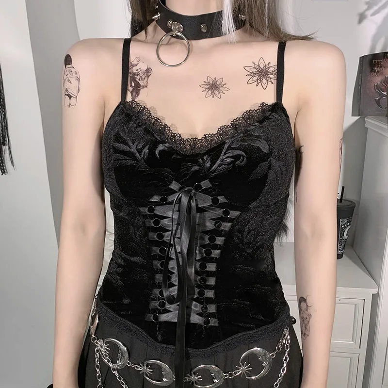 

Helisopus Vintage Velvet Black Bandage Crop Top Sexy Aethetic Lace Corset Tops Women Sexy Backless Basic Y2k Tops
