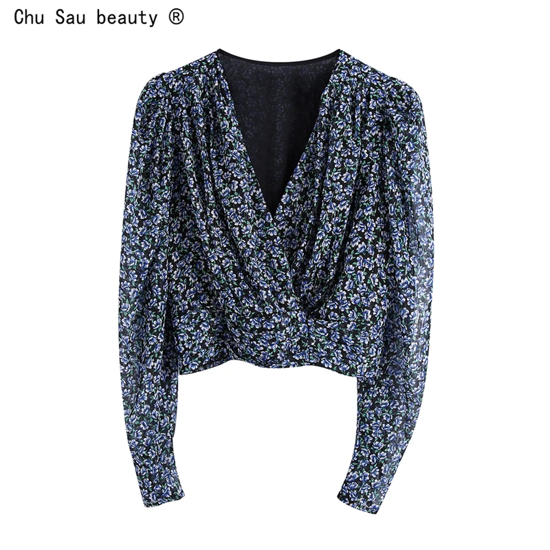 

Autumn New Style Vintage Street Fashion Casual All-Match V-Neck Folds Floral Print Puff Sleeve Blouse Women Crop Top