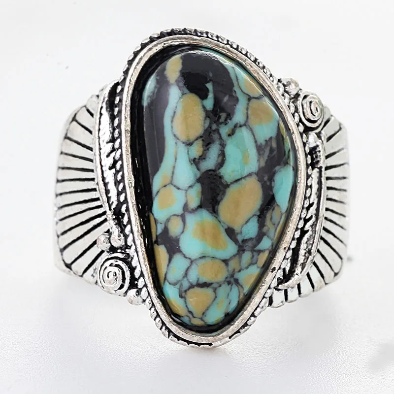 Винтажные Асимметричные этнические кольца для женщин с большим зеленым камнем женские серебряного цвета