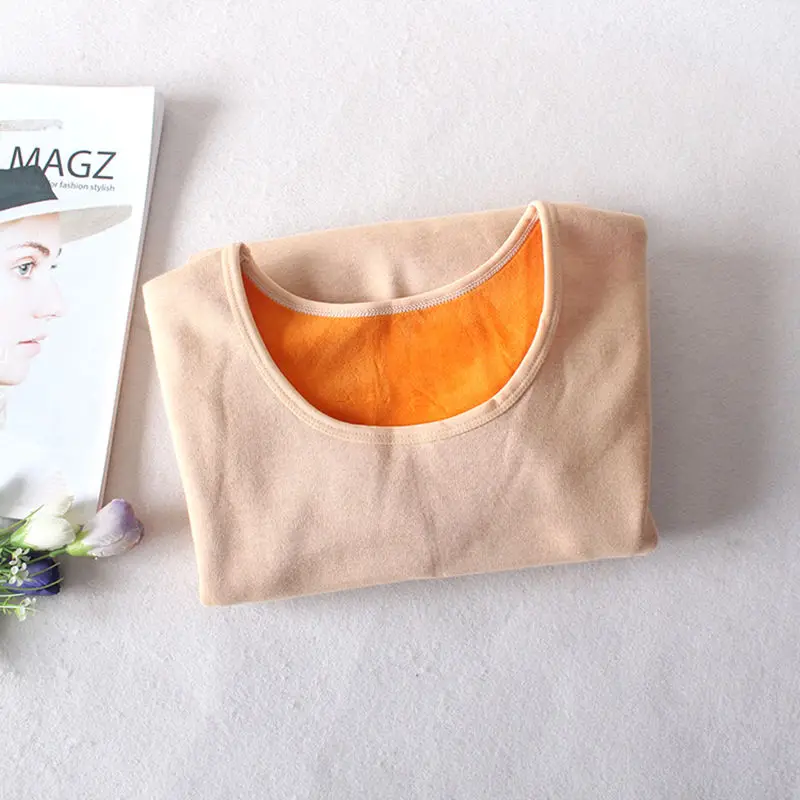 apricot O-neck tops Осень Зима плюс бархатная футболка с длинным рукавом Женская Толстая теплая хлопковая Футболка женская Повседневная футболка Femme тонкие женские топы C5934 - Цвет: apricot O-neck tops