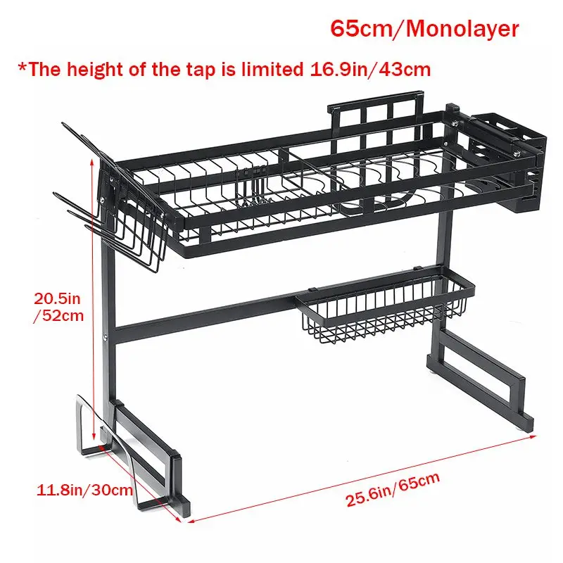 65cm 1-tier 1/2 слоев многофункциональная Нержавеющая сталь сушилка для посуды устойчивая раковина сливной шкаф-органайзер для кухни полка для тарелок сушилка над раковиной черный - Цвет: 65cm 1-tier