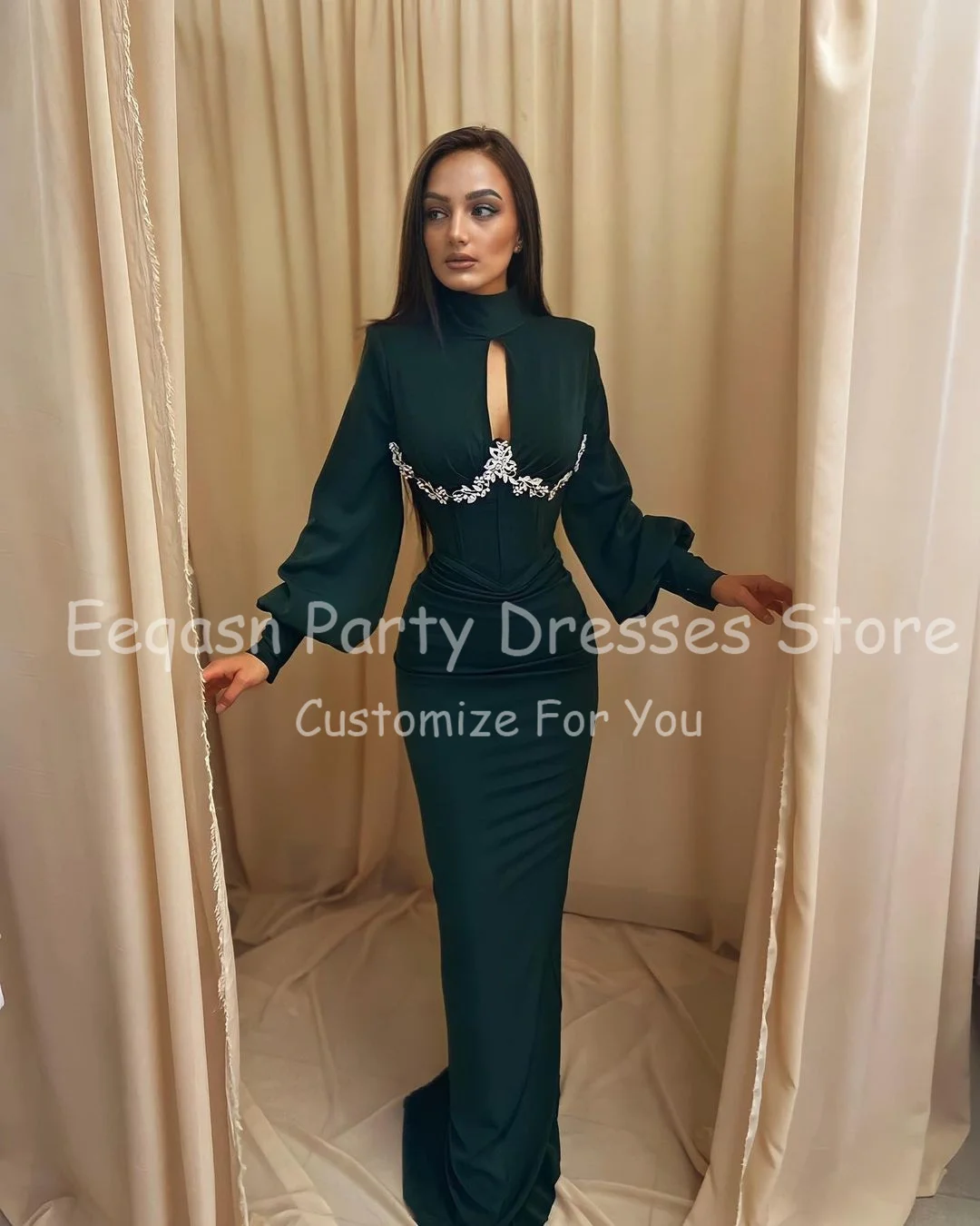 Eeqasn охотничьи зеленые кружевные вечерние платья с длинными пышными рукавами