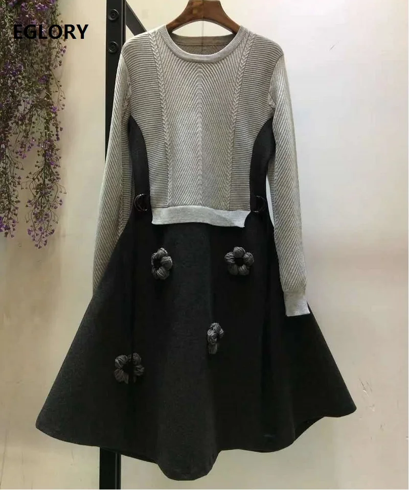 Женское шерстяное трикотажное платье высокого качества с аппликацией цветы для