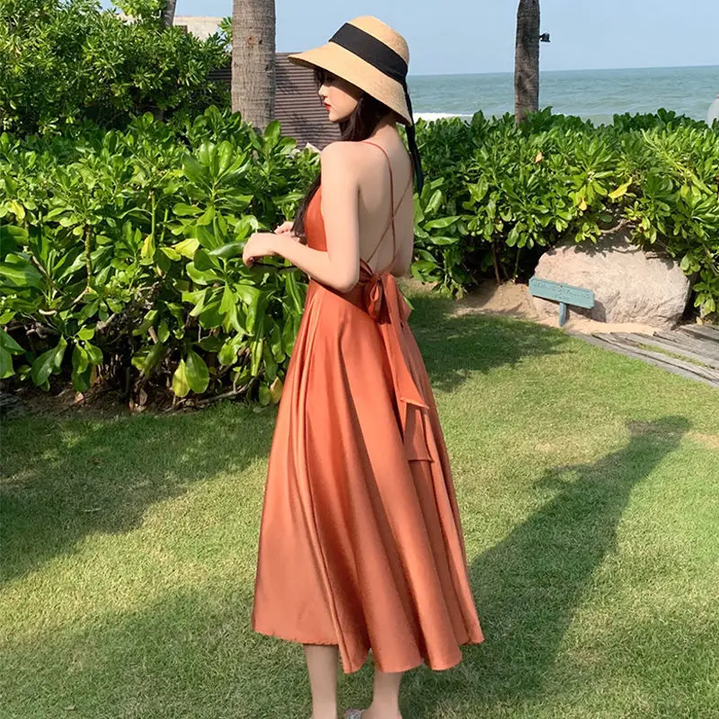 

Women's Summer 2021 New Beach Skirt Sexy Open Back Holiday Dress Satin Solid Suspender Dress