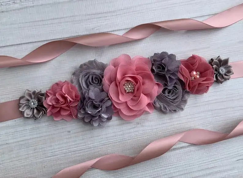 

Dusty Pink Gray Maternity Sash Belt Flower Sash Belt Pregnancy Sash Baby Shower Girl Bridal Sash Mom To Be Sash Belt