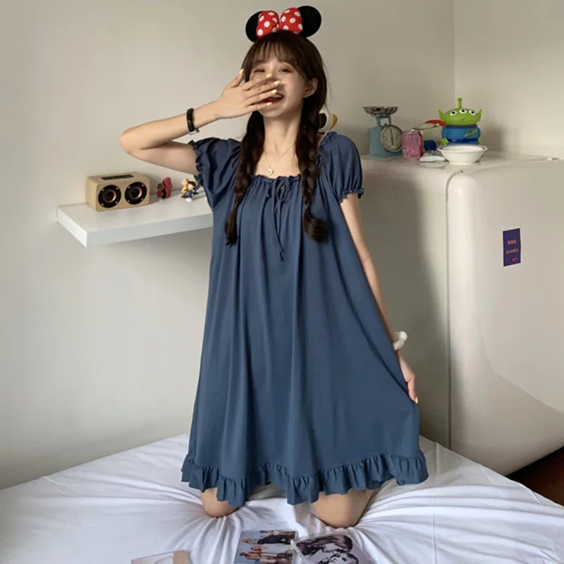 

Мини-Пижама с оборками, свободная повседневная хлопковая Милая Корейская Домашняя одежда, ночная рубашка, кавайная летняя ночная рубашка, М...