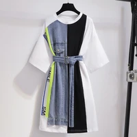 summer patchwork t shirt dress women korean causal party dress sashes streetwear plus size fake two piece dress m 4xl