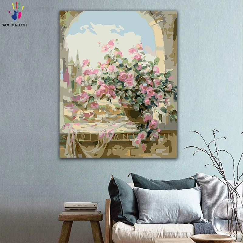 DIY картинки для раскраски по номерам с цветами Розовая роза на подоконнике