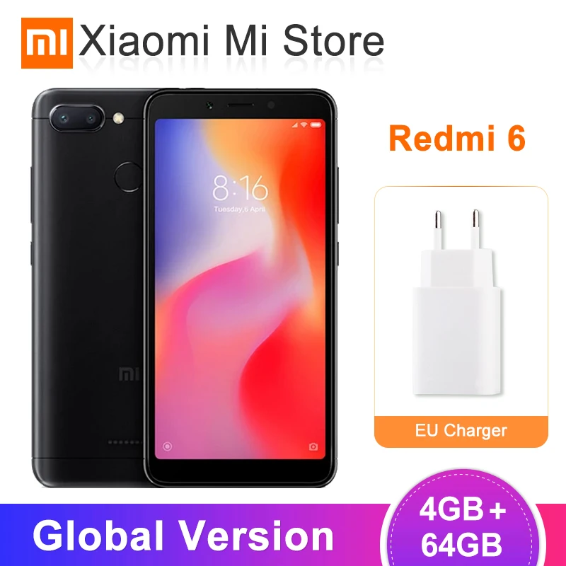 Xiaomi Redmi 6 с глобальной версией, 4 ГБ, 64 ГБ, Helio P22, Восьмиядерный процессор, 5,45 дюйма, 18:9, полноэкранные мобильные телефоны, 12 Мп+ 5 МП, AI, две камеры OTA