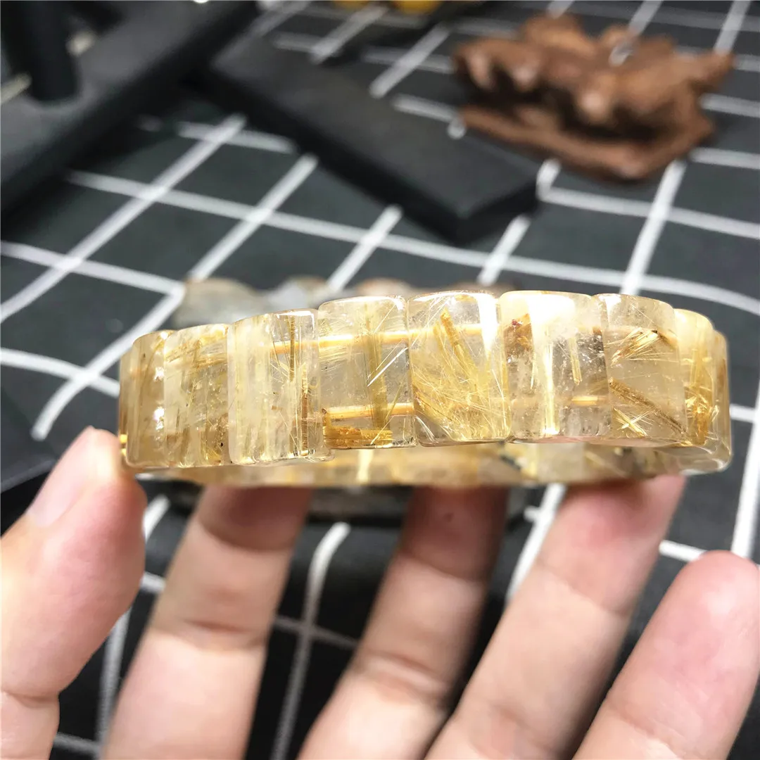 

14mm Natural Gold Rutilated Quartz Bangle Bracelet Jewelry For Women Men Beads Brazil Crystal Wealth Luck Stone Stretch AAAAA