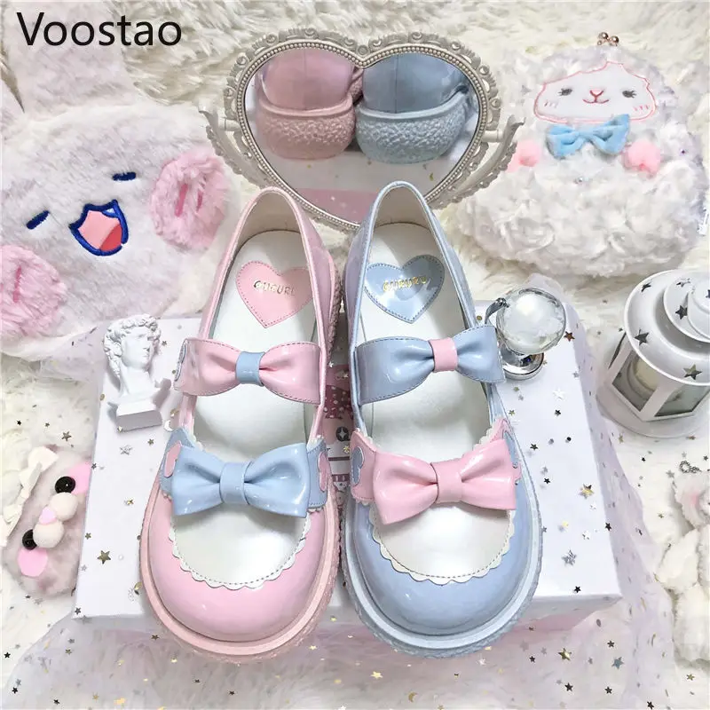 

Japanese Sweet Lolita Shoes Women Kawaii Pink Fashion JK Round Head Shoes Preppy Style Girly Chic Cute Bow Mandarin Duck Shoes