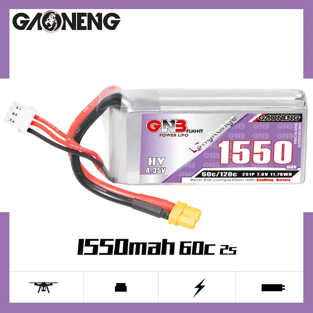 

Легкая литий-полимерная батарея XT60 GAONENG GNB 2S1P, 1550 мАч, 7,6 В, 60C/120C, разъем для радиоуправляемого автомобиля, вертолета, FPV гоночного дрона, запча...