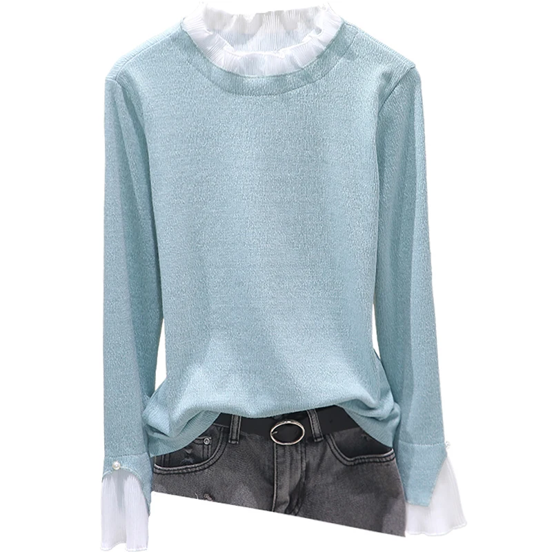 

Ruffles Patchwork Women Blouse Lace Solid Flare Sleeved Slim Elastic Office Lady All Match Pulls Outwear Tops