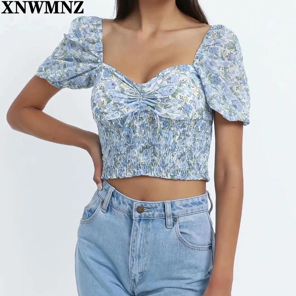 

XNWMNZ 2021 Ladies Vintage Square Collar Bow chic Tops Floral Print Short Flare Sleeve Women Blouse Elegant Mujer блузка женская