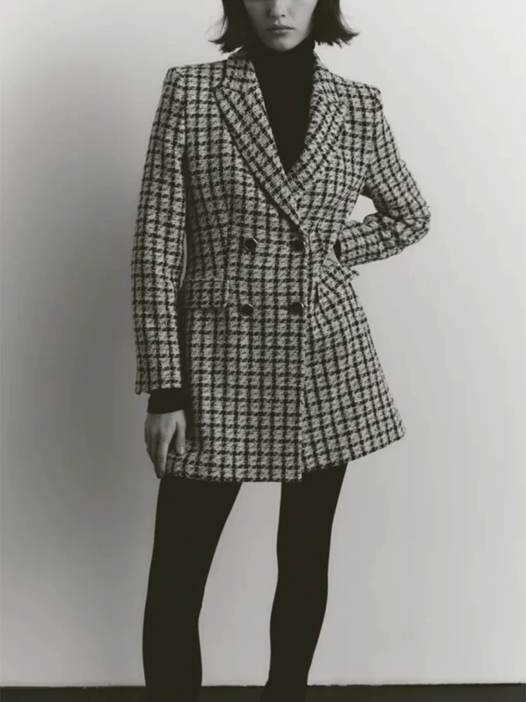 

Осенний женский элегантный клетчатый Блейзер HWLZLTZHT, куртка 2021, винтажный плотный костюм с карманами, пальто, Свободное пальто, официальная у...