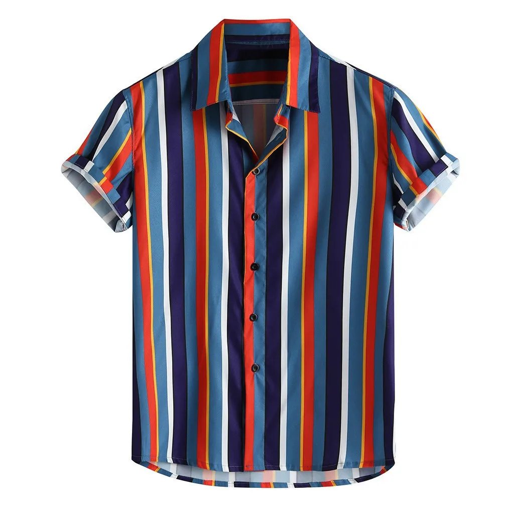 

2021Summer Men's Breathable Stripe Summer Short Sleeve Loose Buttons Casual Shirt Blouse