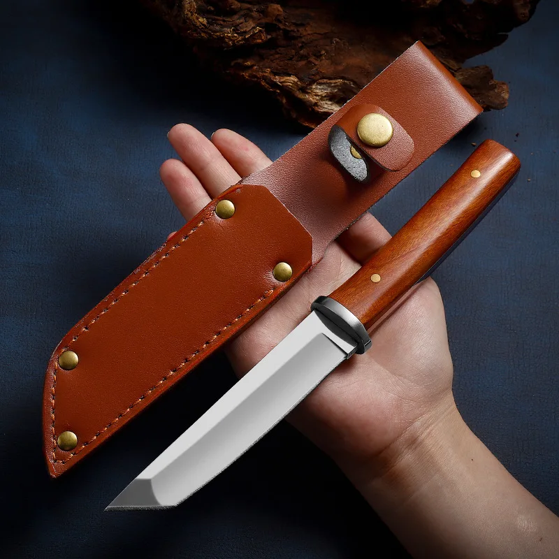 

DEHONG Japan 5CR13MOV Outdoor Tactical Straight Knife Jungle Shooting Knife Outdoor Sharp Rescue Camping Knife + Leather Cover