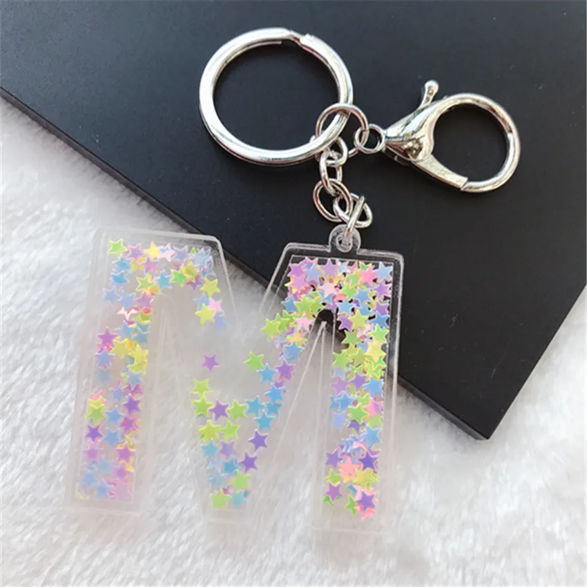 

1PC Keyring English Letter Stra Sequins Acrylic Keychain 26 English word A TO Z Handbag Charms for Woman