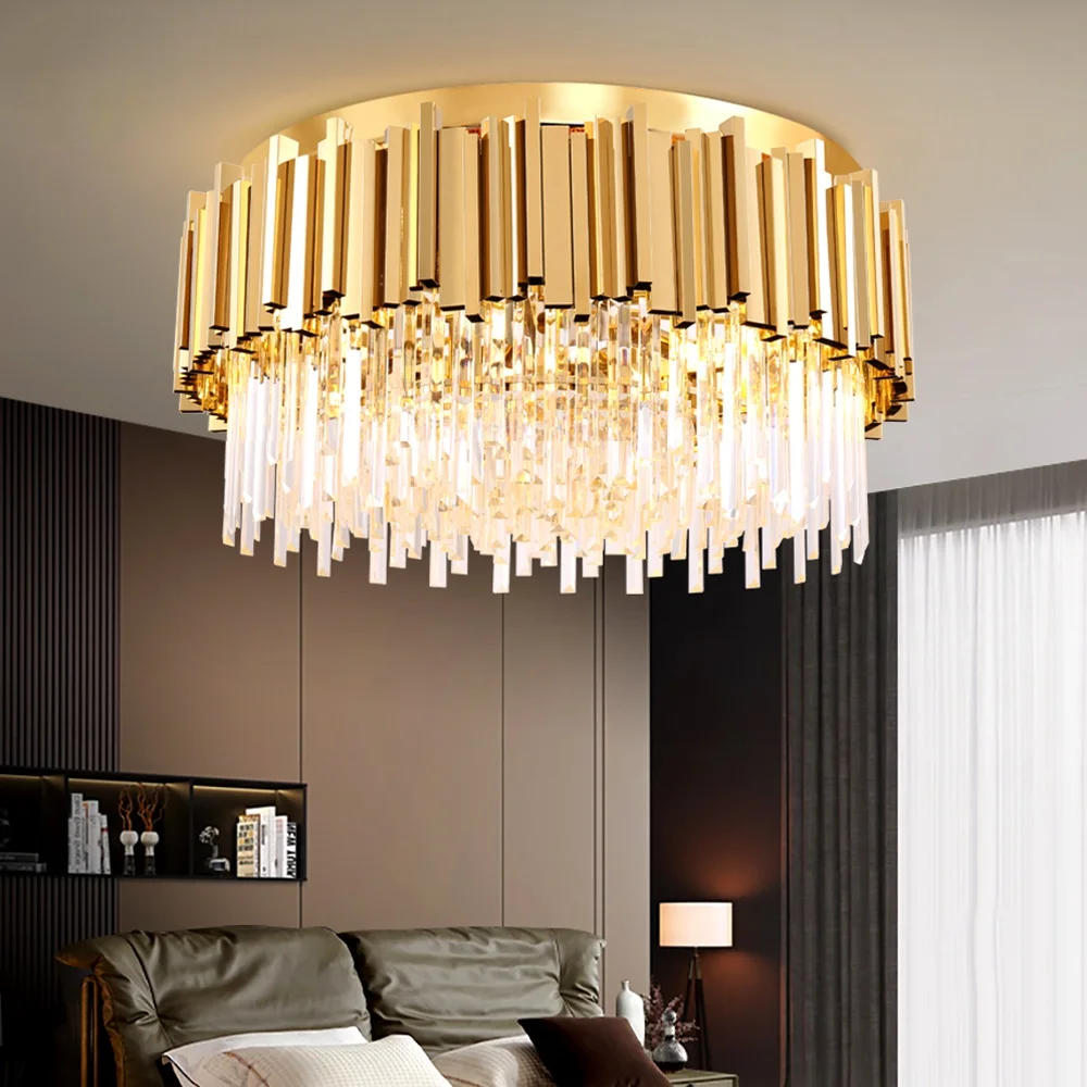 

Роскошная Современная Потолочная люстра для гостиной, Золотая/хромированная хрустальная лампа из нержавеющей стали, круглая лампа для спа...