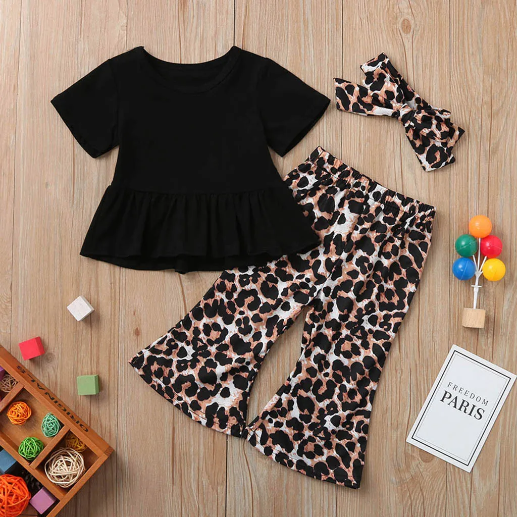 

Kids Clothes Girls Ropa Sets одежда toddler Baby Girls Ruched Solid T-shirt Tops Leopard Print Tops Outfits Set деская дежда