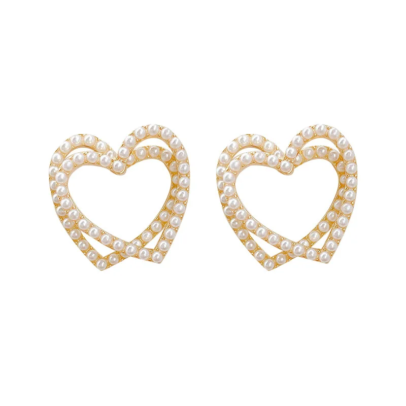 

Origin Summer Delicate Double Layer Love Heart Pearl Earrings for Women Japanese Hollow Out Earrings Party Gifts Jewellery
