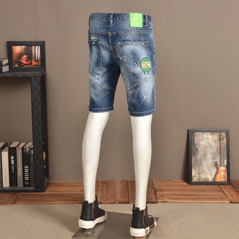 Summer Men Blue Ripped Patches Denim Shorts Fashion Casual Letter Embroidery Short Jeans