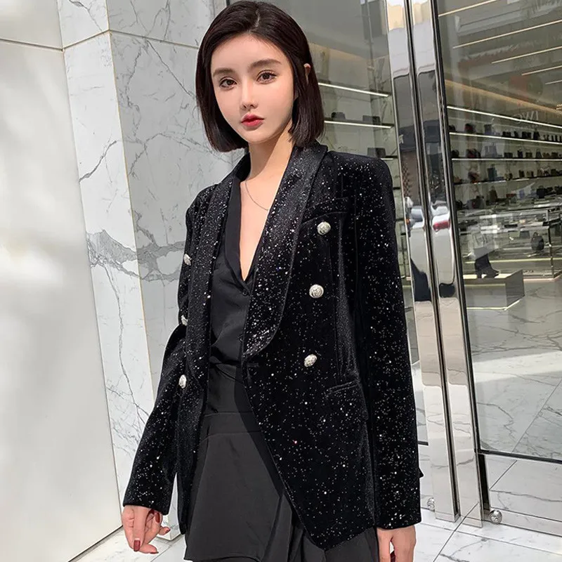Женский блейзер с длинным рукавом двубортный блестками Осень-зима 2019 | Женская