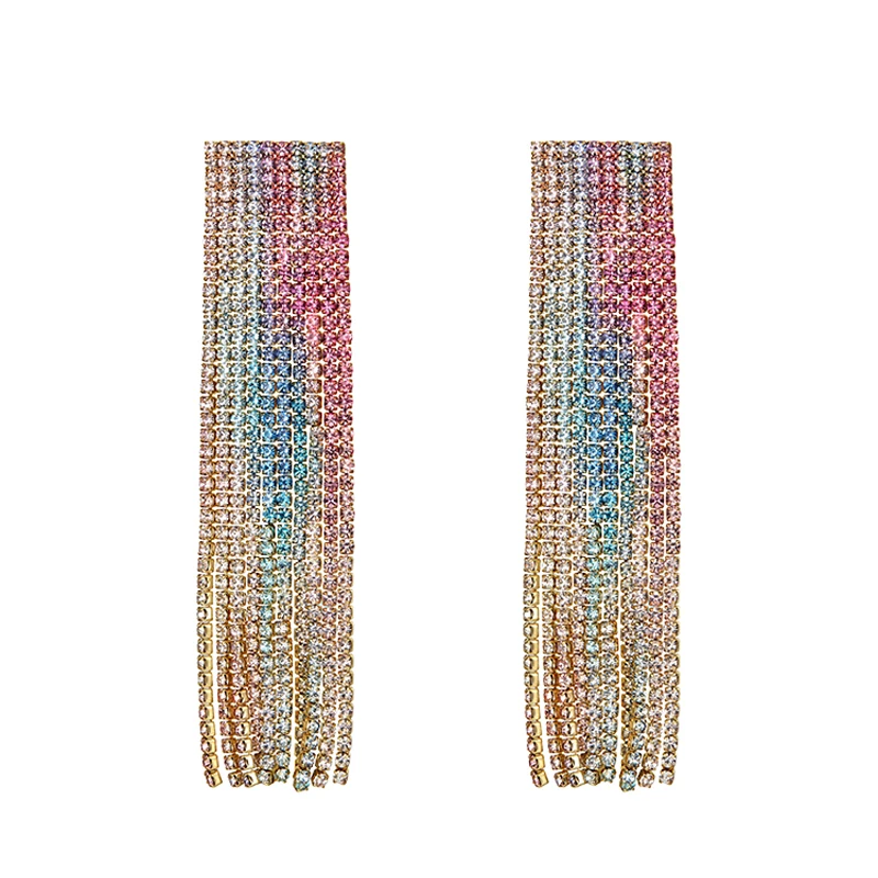 

3 Style Luxury Gradual and Colorful Tassel Drop Earrings for Women Elegant Full Drill Rhinestone Earrings Rainbow Club Jewelry