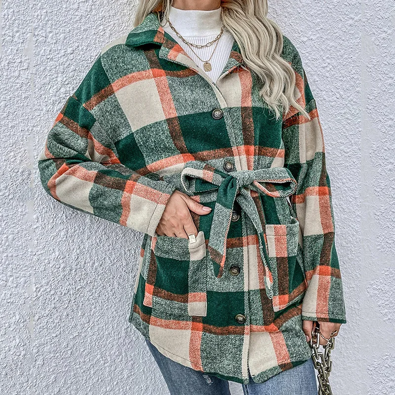 

2021 Fall Mid-length Plaid Top Long Sleeve Green Woman Jacket