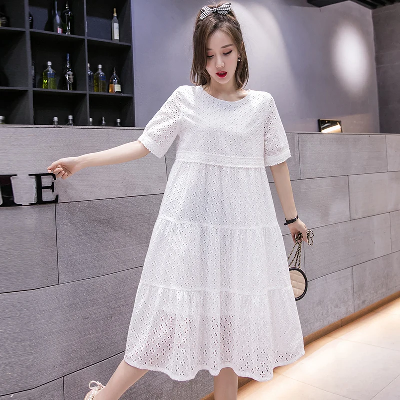 

1730# 2021 Summer Chic Ins Cotton Lace Maternity Long Dress Hollow Out White Clothes for Pregnant Women Fashion Pregnancy Dress