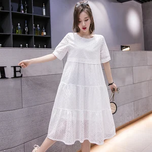 1730# 2021 Summer Chic Ins Cotton Lace Maternity Long Dress Hollow Out White Clothes for Pregnant Women Fashion Pregnancy Dress