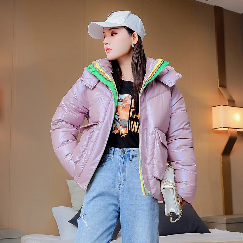 2021 New Short Winter Jacket Women Glossy Down Cotton Coat Fashion Color Contrast Loose Hooded Padded Women Winter Jacket Parkas