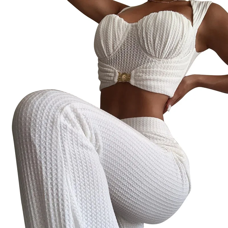

Elegant Lady Solid Color Pants Suits Women Summer Sexy Crop Vest High Waist Wide Leg Pant 2021 Casual Slim Streetwear Outfits
