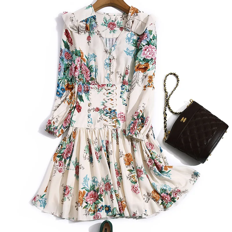 

DIDABOLE spring new female fashion v-neck 7 minutes of sleeve single-breasted waist cross chalaza print dress
