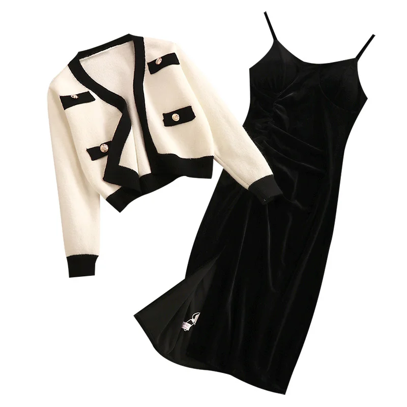 

Women 2 Piece Sexy Dress Sets Spring Autumn Spaghetti Straps gold velvet split Dress and knit Sweater Cardigan Suits