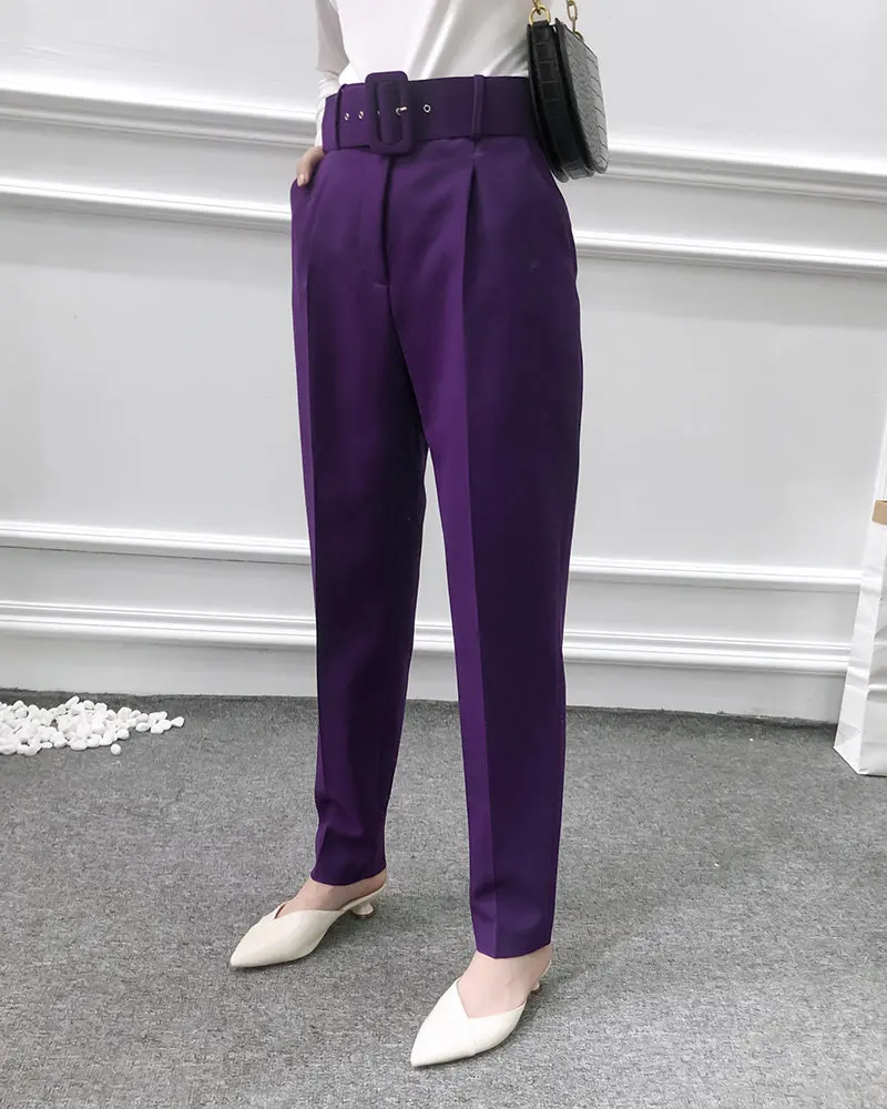 

elegant belt black purple pants women high waist Harlan Pants pockets office casual pants women Long Trousers