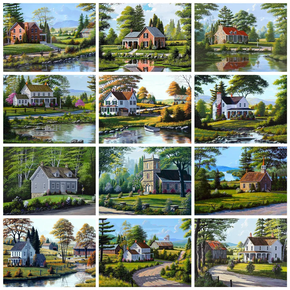 

Huacan 5D Diamond Painting Mosaic House Needlework Full Diamond Embroidery Landscape Decoration For Home