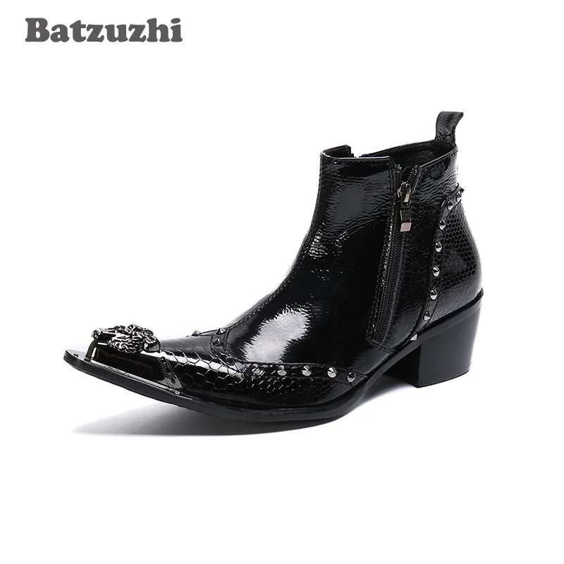 

Batzuzhi Black Genuine Leather Ankle Boots Fashion Men's Boots Metal Pointed Tip Zip Business Dress Boot Party, Size 38-47