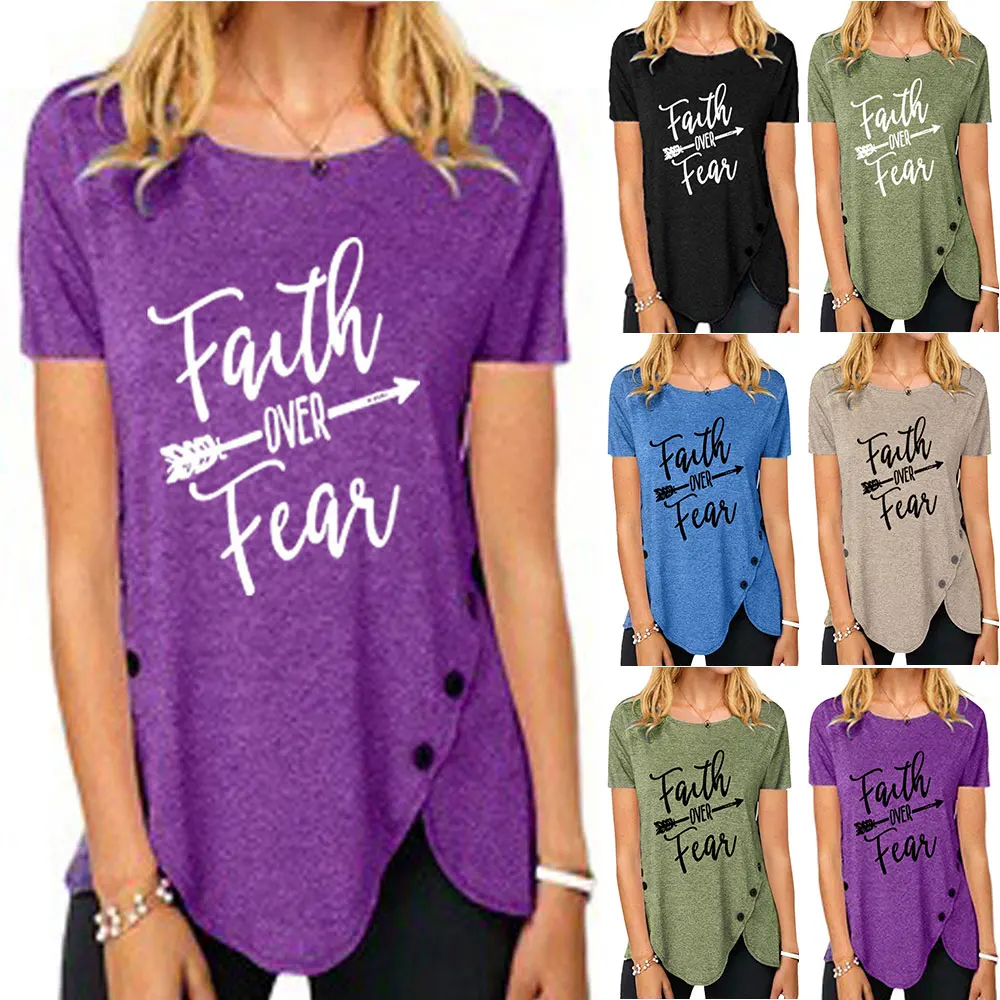 

VICABO Womens Summer Loose Short Sleeve Round Neck Letter Print Casual Irregular Hem T-shirt Top 5XL