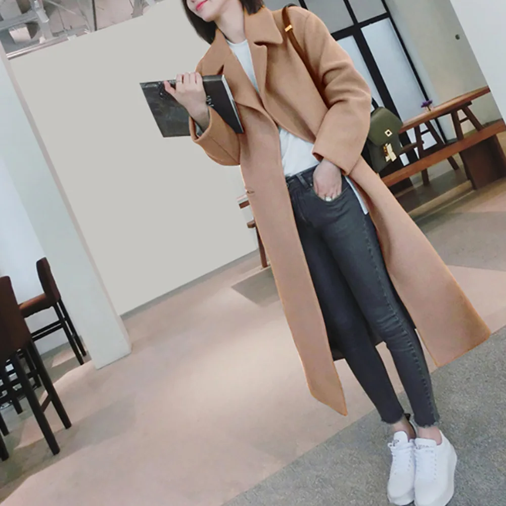 Женский зимний однотонный облегающий длинный Тренч с отложным воротником теплая