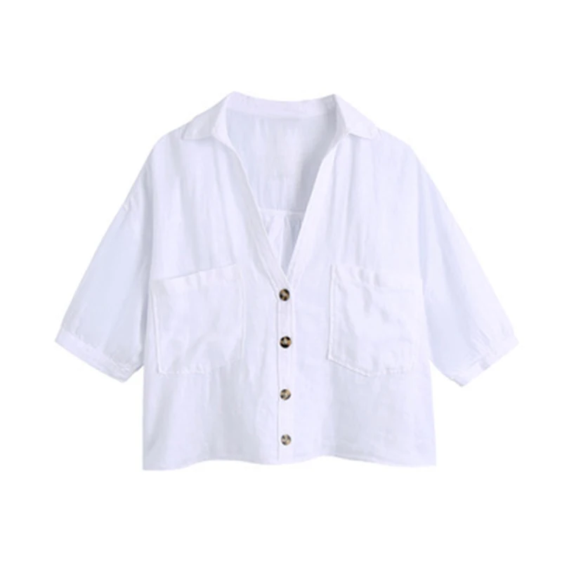 

Summer Solid Green Women's Blouse Short Sleeve Casual V-neck Pocket Cropped Tops Koren Fashion Short Lady Blouses 2021 All-Match