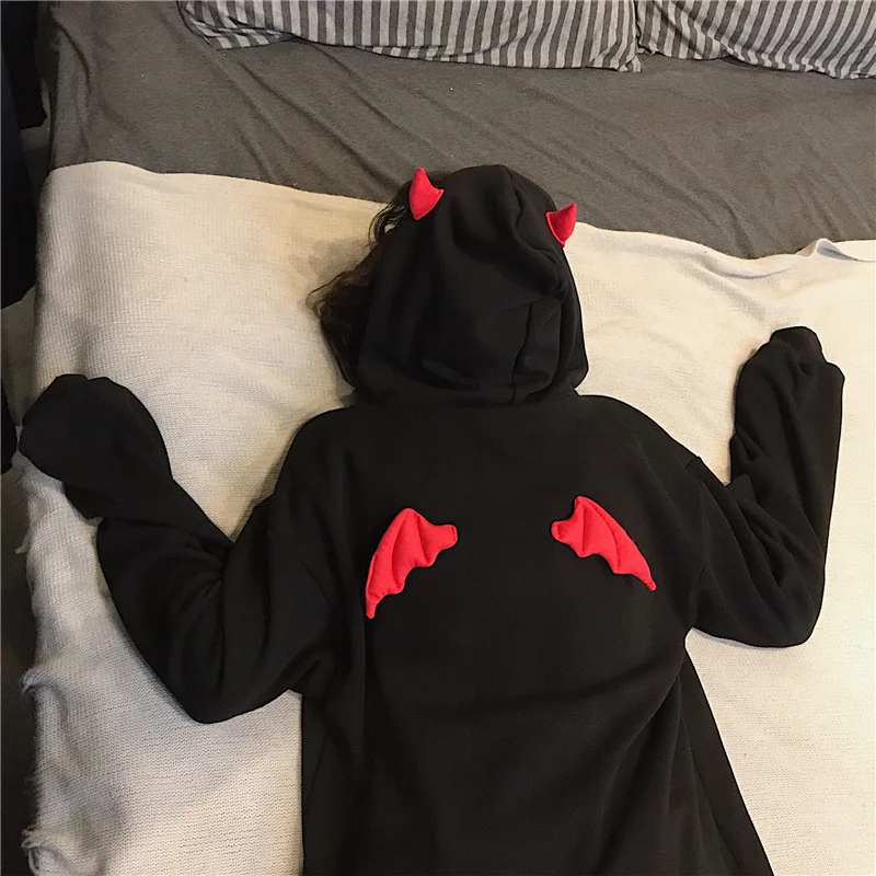 Harajuku Hoodies Girl Little Devil Horns Gothic Hooded Sweatshirts Women Demon Fly Wings Loose Pullovers Pocket Tops Streetwear