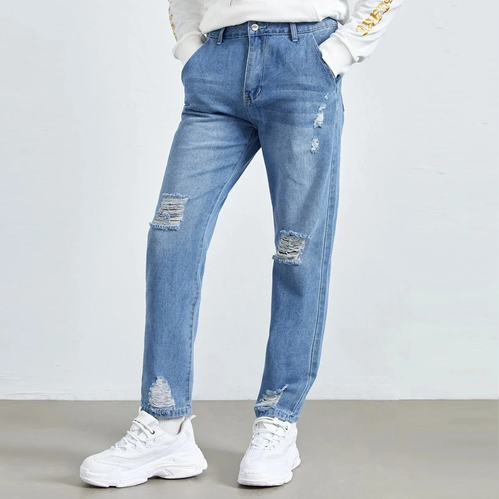2022 Autumn Street Straight Leg Denim Pants Slim-Fit Men's Ripped Jeans Casual Wear And Wash Pocket Men Trousers Size S-2XL
