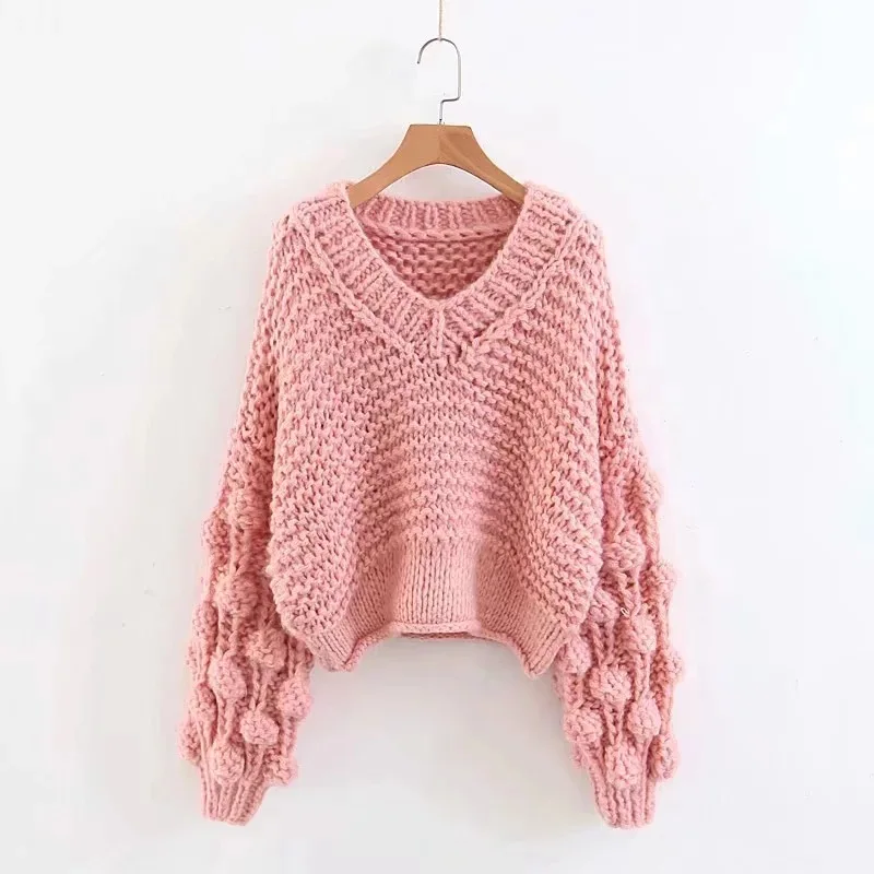 Mahair Hand Knitted Sweater Women's Long Sleeve V-neck Flora Knitted Sweater Women Winter 2021Red Top Pullover Ladies Pullover