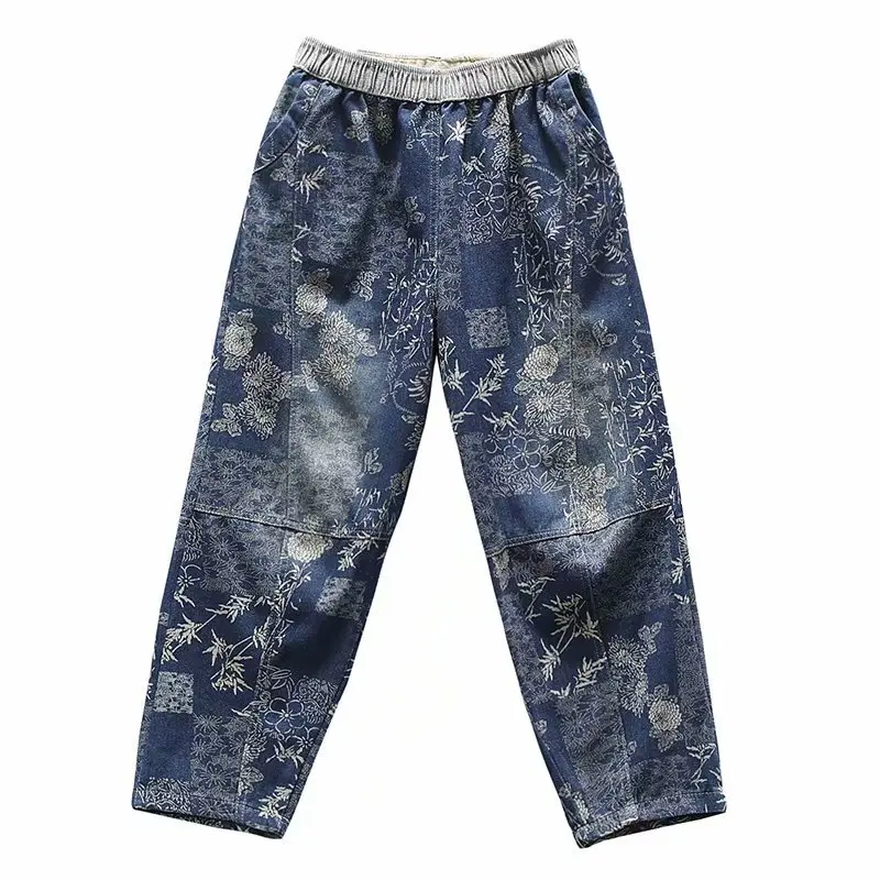 

XUXI Vintage Floral Printing Cowboy Trousers,Female,Loose,Casual,Elastic Waist,Spring,Autumn,Stitching,pantalon Femme FZ2346