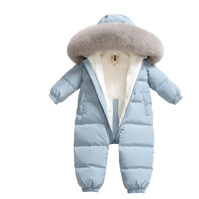 -30 Degree Infant Baby Romper Real Fur Collar Duck Down Filling Thick Warm Toddler Plus Velvet Down Rompers Baby Winter Snowsuit