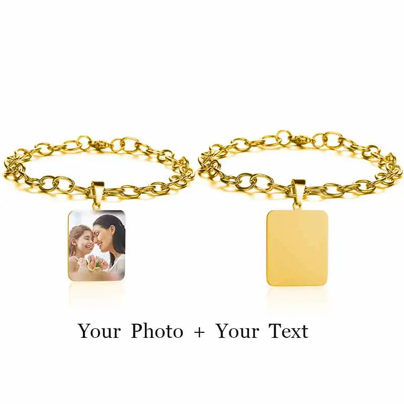 Custom Square Gold Браслет на заказ с выгравированным именем и датой Pulseira, нержавеющая сталь, персонализированная табличка, фото, браслет для женщин, ID, лучший друг, подарок - Окраска металла: Custom Square Gold