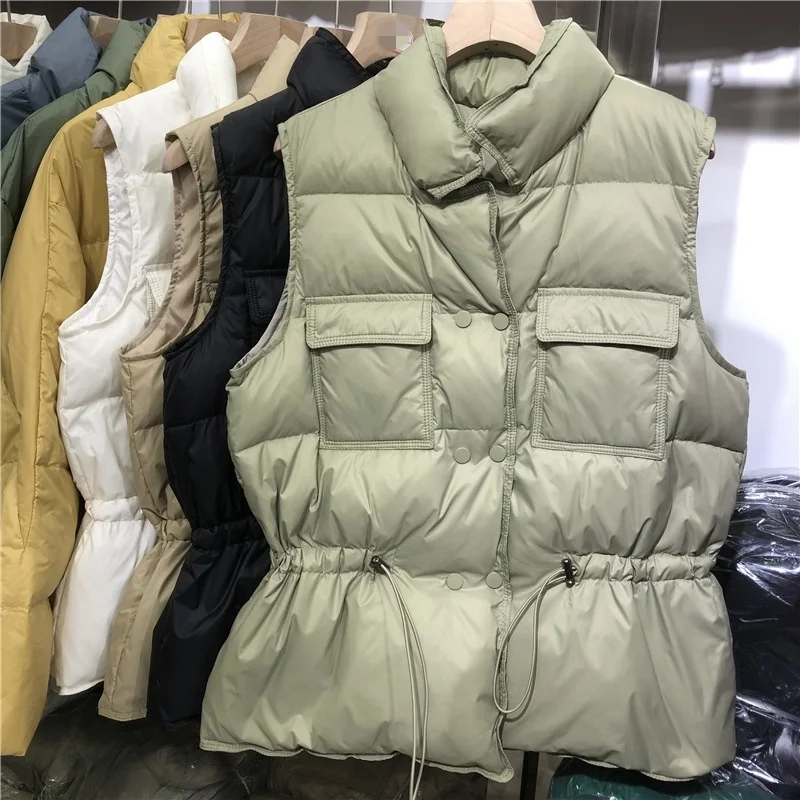 

2022 New Light Down Vest Women Short Vest Drawstring Lightweight Warm Waistcoat Female White Duck Down Coat Sleeveless