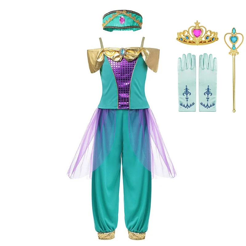 Jasmine Dress 05 Set MUABABY платье принцессы в арабском стиле; маскарадный костюм Аладдина жасмин для девочек; детская одежда для костюмированной вечеринки на Хэллоуин - Цвет: Jasmine Dress 05 Set