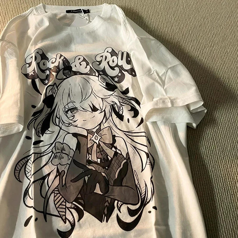 

Street Harajuku round neck short sleeve cartoon two-dimensional letter printing sweet and cute casual loose top female models